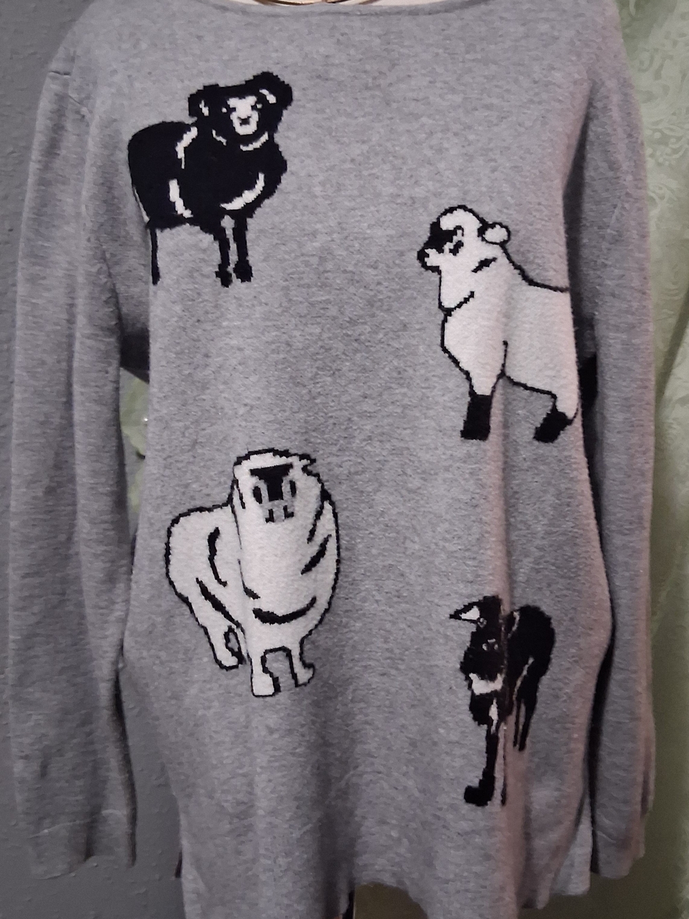 Astrologie Sheep Intarsia Sweater Womens  Gray Animal Graphic Pullover 